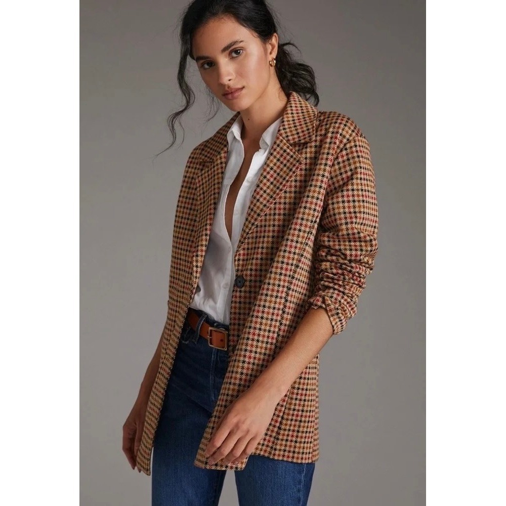 Anthropologie AVEC LES FILLES Longline Plaid Blazer Jacket Preppy Academia Small